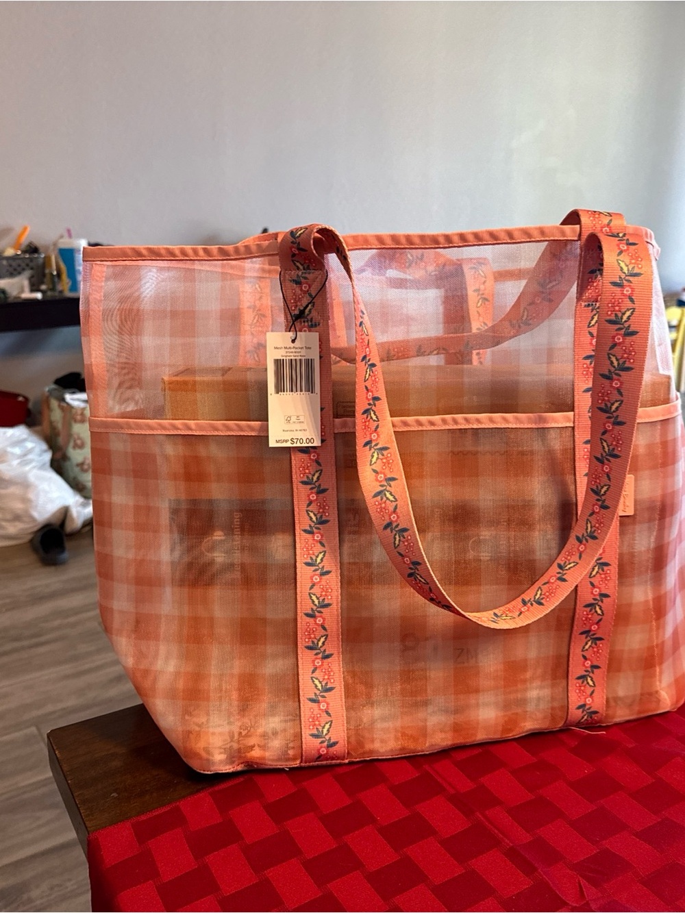 Peach Plaid Mesh Tote Bag with Floral Straps